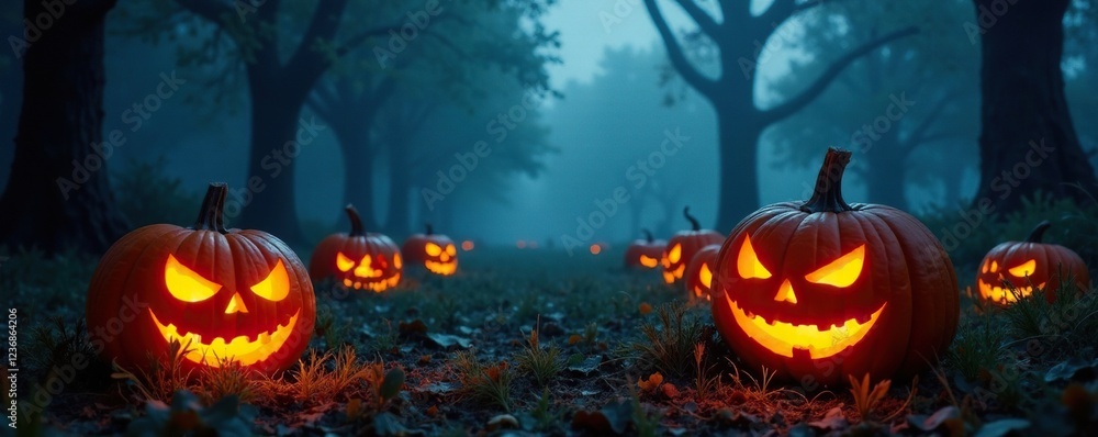 Spooky pumpkins in a dark, misty graveyard at night, autumn, pumpkins Spooky pumpkins in a dark, misty graveyard at night, autumn, pumpkins