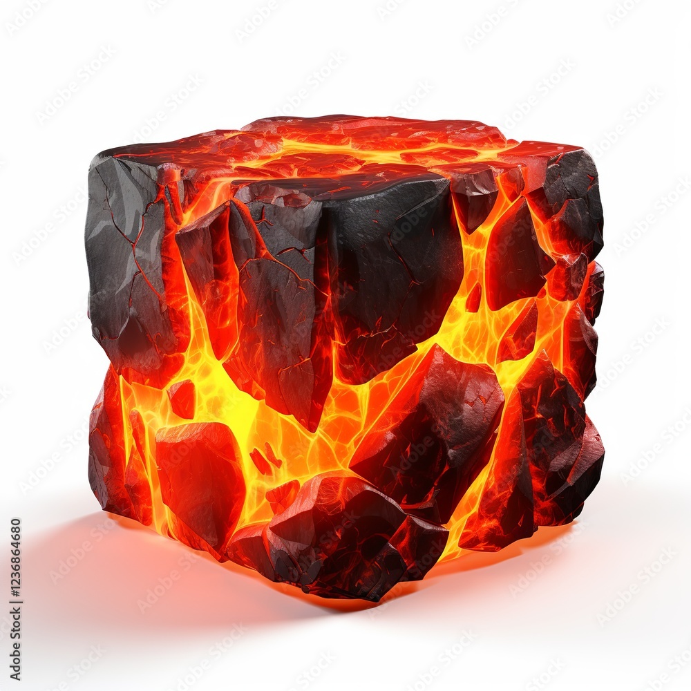 Glowing Lava Cube with Cracked Surface on a White Background Glowing Lava Cube with Cracked Surface on a White Background