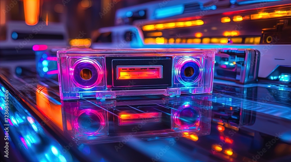 Fototapeta premium A vibrant and futuristic close-up of a transparent cassette tape deck, surrounded by colorful LED lights in shades of pink, blue, and orange. The reflective surface adds depth to the composition, show