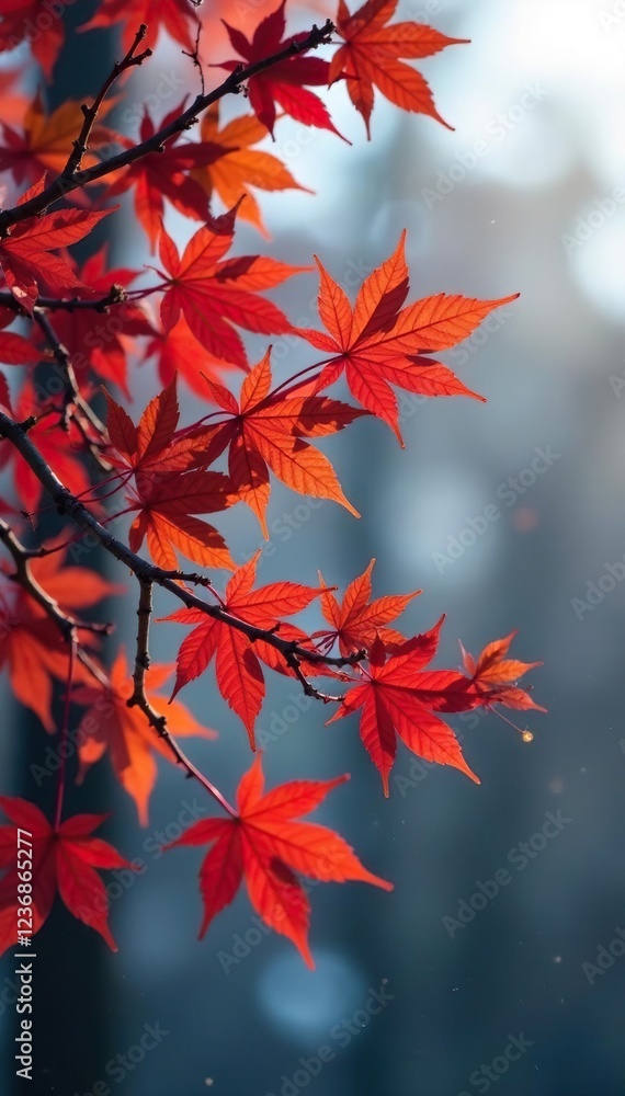 A tree with bare branches and red brown maple leaves against a winter wonderland background, foliage, maple branches