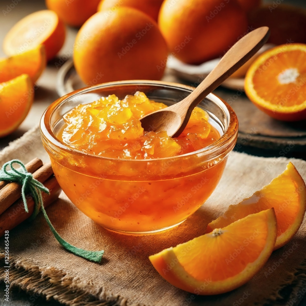 Rustic orange marmalade in a glass bowl, with visible citrus peel, paired with fresh oranges and cinnamon sticks on a rustic cloth. Rustic orange marmalade in a glass bowl, with visible citrus peel, paired with fresh oranges and cinnamon sticks on a rustic cloth.