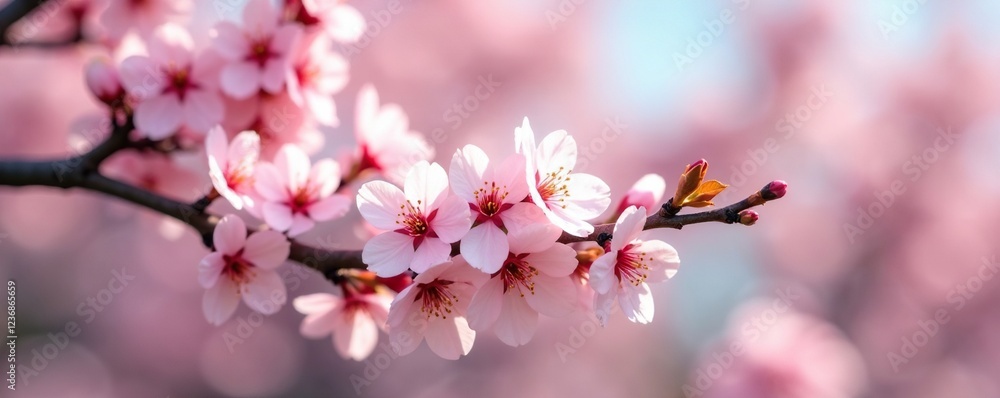Obraz premium Soft pink blossoms on white cherry tree branches, blossoming, blossoms, springtime