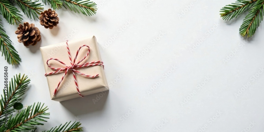 Fototapeta premium A Festive Present Wrapped in Natural Paper with a Red and White Twine Bow, Adorned with Pine Branches and Pine Cones on a White Background