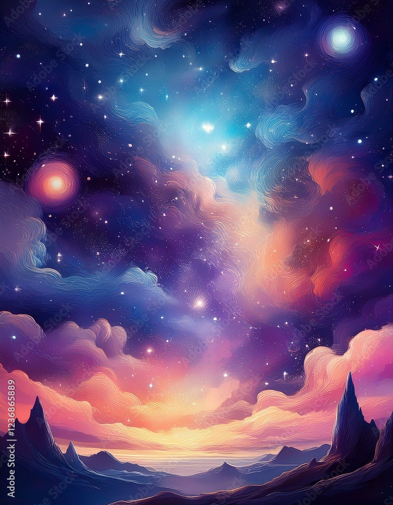 Fototapeta premium Starry Night Sky Over Mountain Landscape. Vertical Night sky wallpaper. AI Generated image. 