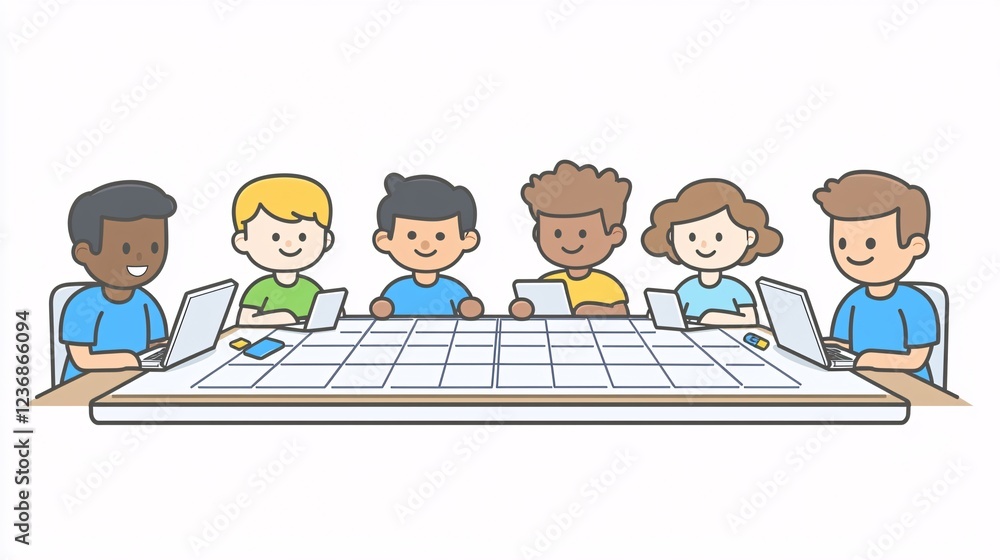 of multi-ethnic and multi-gender individuals collaborating over a large project plan with laptops and smartphones. Diverse groups of people collaborating of multi-ethnic and multi-gender individuals collaborating over a large project plan with laptops and smartphones. Diverse groups of people collaborating