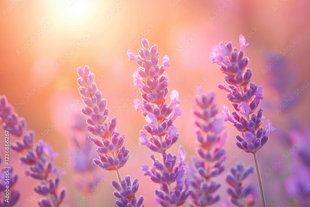 Obraz premium Lavender flowers bathed in golden sunlight with a serene and soft atmosphere.