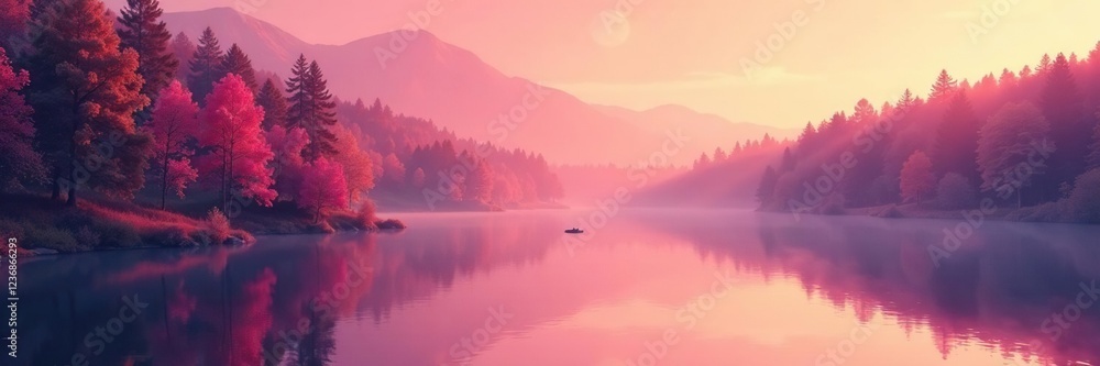 Fototapeta premium Soft pink hues on forest trees with lake reflection, colours, water, orange