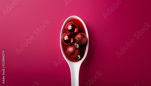 crimson christmas bubles in purple sauce in a teaspoon minimal new 12 months s conceptual concept on pink backgrounds photo