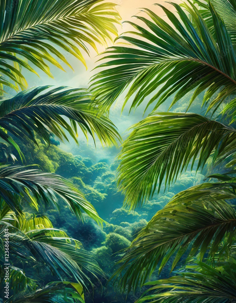 Fototapeta premium Tropical Palm Leaves Wallpaper. A vibrant tropical scene with large, lush palm leaves. Generated image