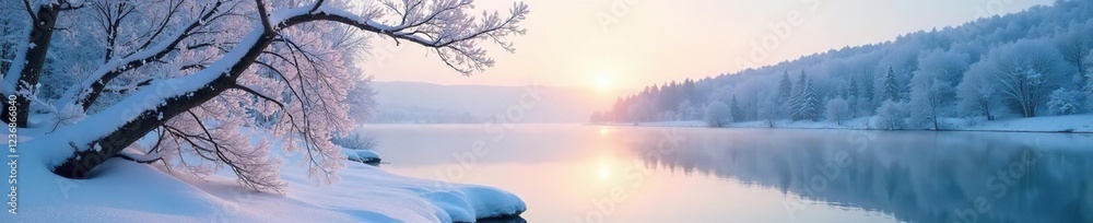 Fototapeta premium Frosty branches stretch towards distant snowline, serene atmosphere, icy landscape, frozen lakes