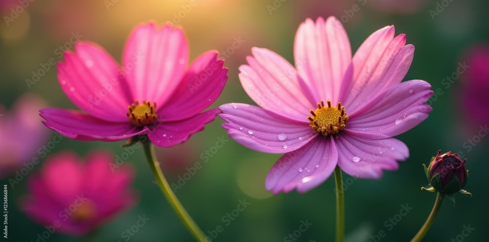 Close-up cosmos blossoms, dew-kissed petals, soft light, fragile, closeup Close-up cosmos blossoms, dew-kissed petals, soft light, fragile, closeup