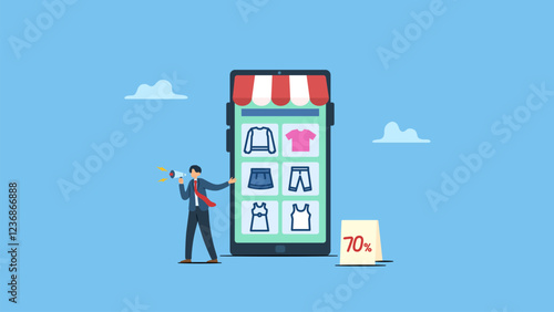 Confident businessman standing in front of his online shop to promote his shop, business owner and entrepreneur start small business or retail shop, open store front or online shop.