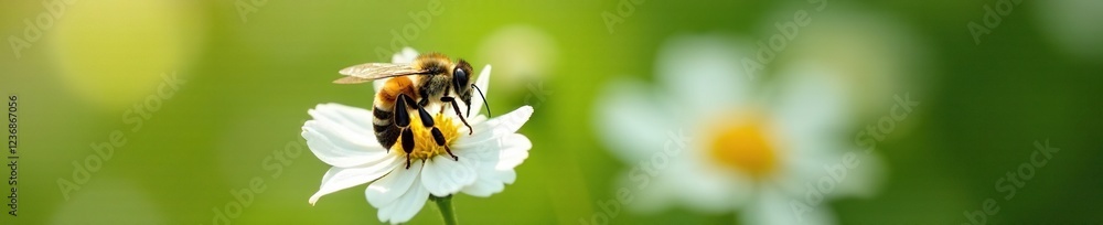 Small bee on white flower with delicate petals, nature, blossom, insect life Small bee on white flower with delicate petals, nature, blossom, insect life