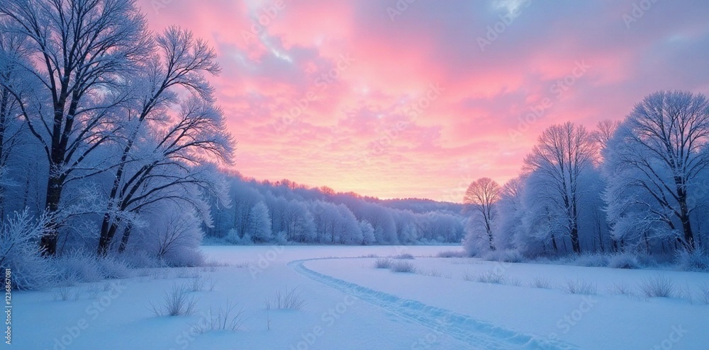 Soft pink and blue sky above a frozen forest with bare tree branches, winter scenery, serene nature, winter dawn Soft pink and blue sky above a frozen forest with bare tree branches, winter scenery, serene nature, winter dawn