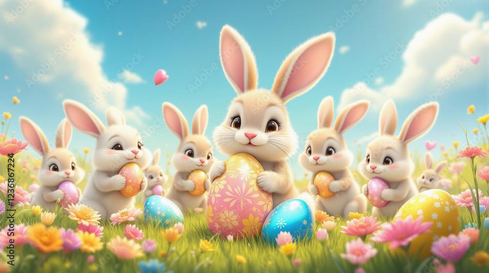 Obraz premium A imagem apresenta coelhinhos fofos segurando ovos de Páscoa coloridos em um campo florido, sob um céu azul com nuvens e corações flutuantes.