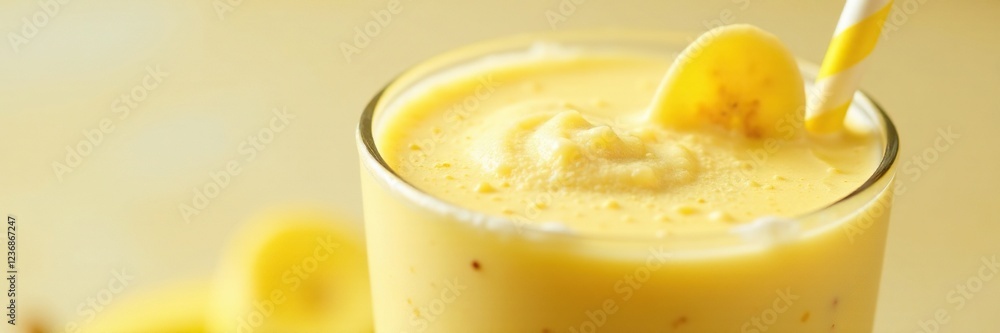 Creamy banana puree floats on surface of milkshake with effervescent texture, colorful, yellow, white Creamy banana puree floats on surface of milkshake with effervescent texture, colorful, yellow, white