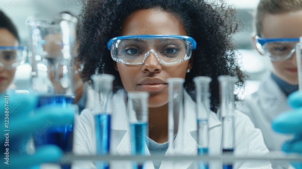 diverse team of scientists working together in a laboratory, conducting research. Copy space below. Diverse groups of people collaborating diverse team of scientists working together in a laboratory, conducting research. Copy space below. Diverse groups of people collaborating