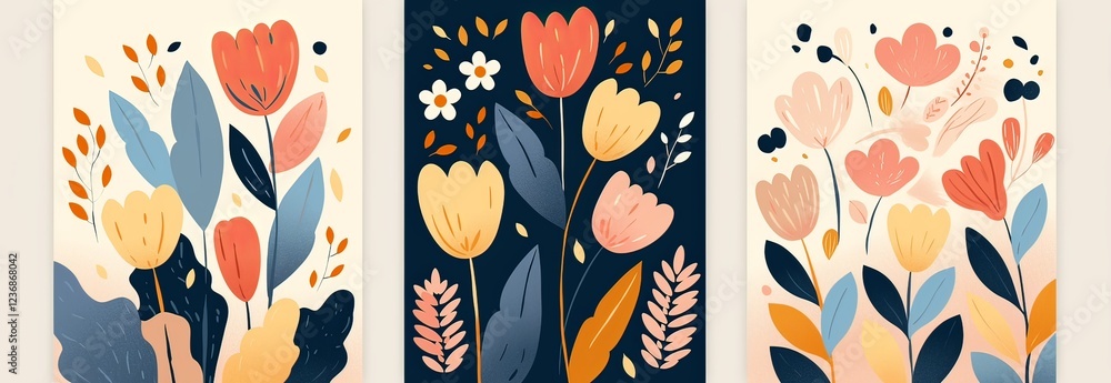 Set of three flat design Mother's Day cards featuring colorful tulips, abstract flower patterns in pink and beige Set of three flat design Mother's Day cards featuring colorful tulips, abstract flower patterns in pink and beige