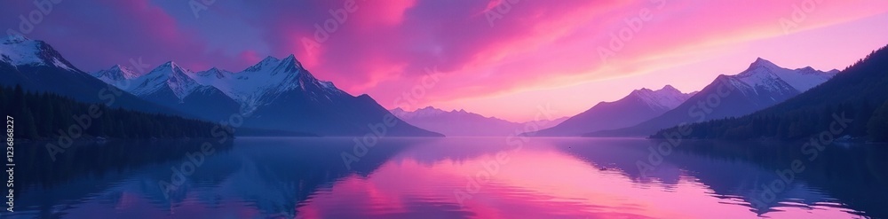 Soft pink aurora above mountains and serene lake, nature, colors Soft pink aurora above mountains and serene lake, nature, colors