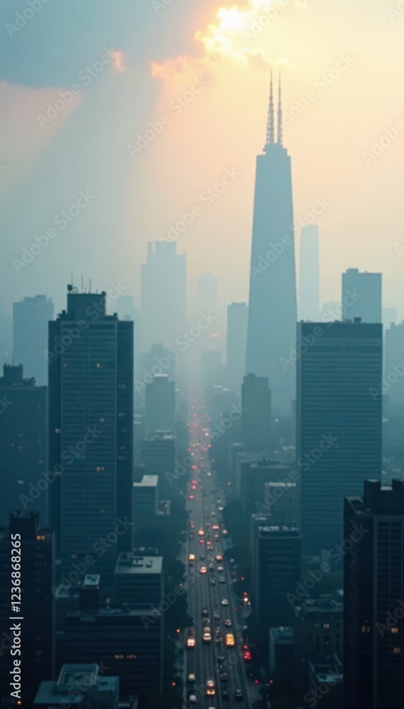 Naklejka premium Dense fog blankets a polluted city, sunlight filters through towering structures , contrast, pollution problem