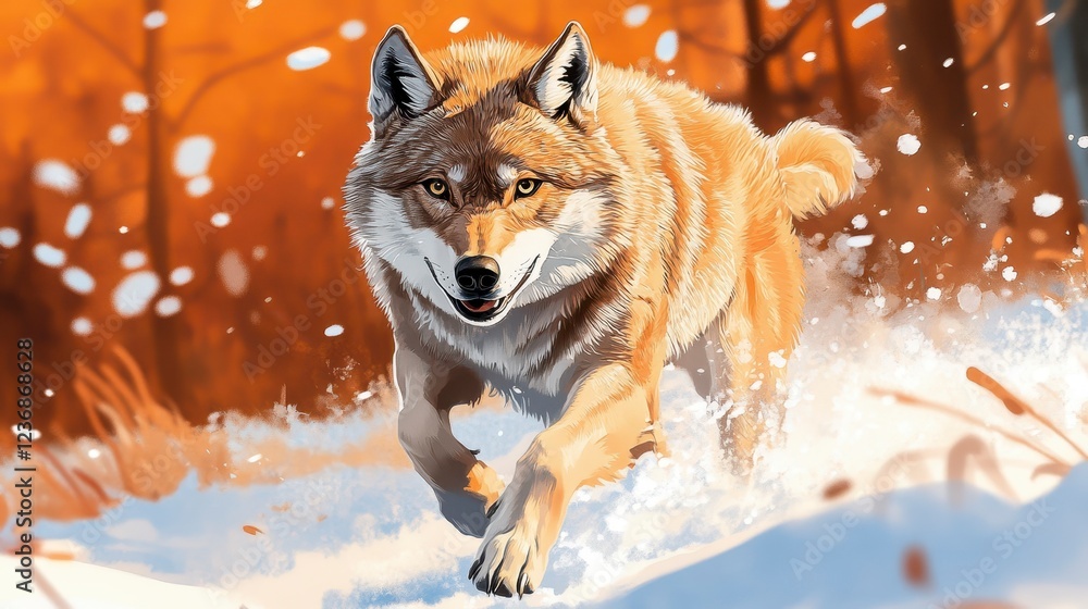 Obraz premium Majestic Wolf Running Through Snowy Forest in Autumn Light