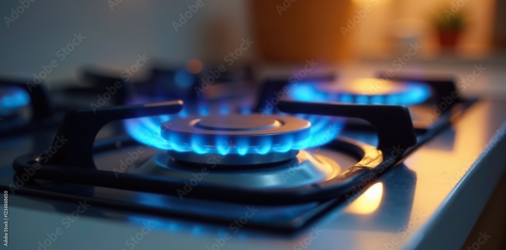 Gas burner with blue flames on a European kitchen surface, appliance, europe Gas burner with blue flames on a European kitchen surface, appliance, europe