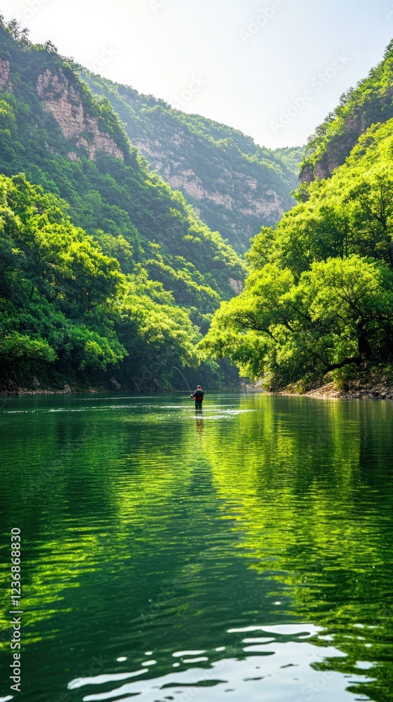 Fototapeta premium Lone Adventurer Canoeing Through Tranquil Emerald Waters Surrounded By Lush Green Mountains