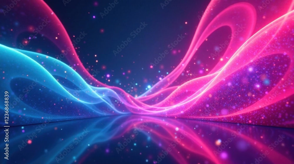 Abstract Pink and Blue Energetic Flowing Waves with Sparkling Dust Particles Reflecting on a Dark Surface Abstract Pink and Blue Energetic Flowing Waves with Sparkling Dust Particles Reflecting on a Dark Surface