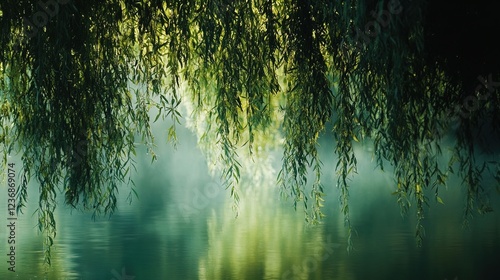 A serene landscape featuring drooping willow branches hanging gracefully over a still, reflective body of water. The scene is enveloped in soft mist, creating a peaceful and tranquil atmosphere. Sunli