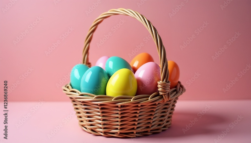 A simple basket with beautifully colored eggs on a minimalistic background A simple basket with beautifully colored eggs on a minimalistic background