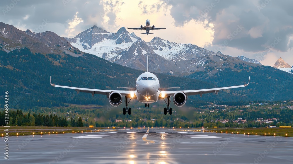 Airplane landing, mountain backdrop, sunset. Travel photo Airplane landing, mountain backdrop, sunset. Travel photo