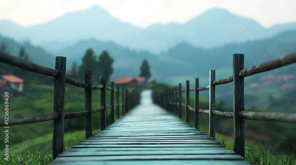 Fototapeta premium Serene wooden path leading to distant mountains.