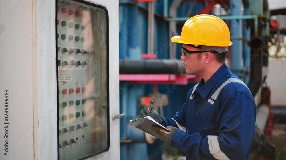 The plumber is seriously inspecting the electrical system of the high pressure water pump. The plumber is seriously inspecting the electrical system of the high pressure water pump.