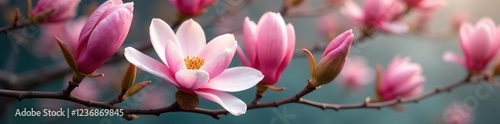 Intricate details of blooming magnolia flowers, magnolia, flower, branch