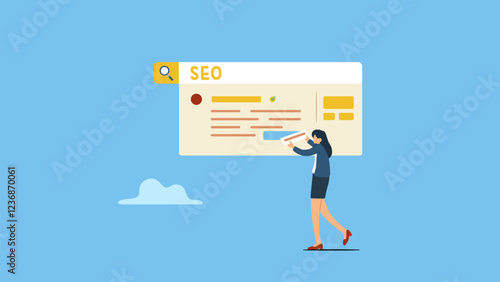 Employee completes the missing part to optimize website URL to rank 1 search bar. SEO, search engine optimization to help website achieve top rank in search results page, to promote or  communication.