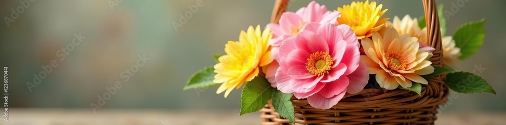 Fresh pink and yellow flower bunch in a wicker basket, fresh, natural Fresh pink and yellow flower bunch in a wicker basket, fresh, natural