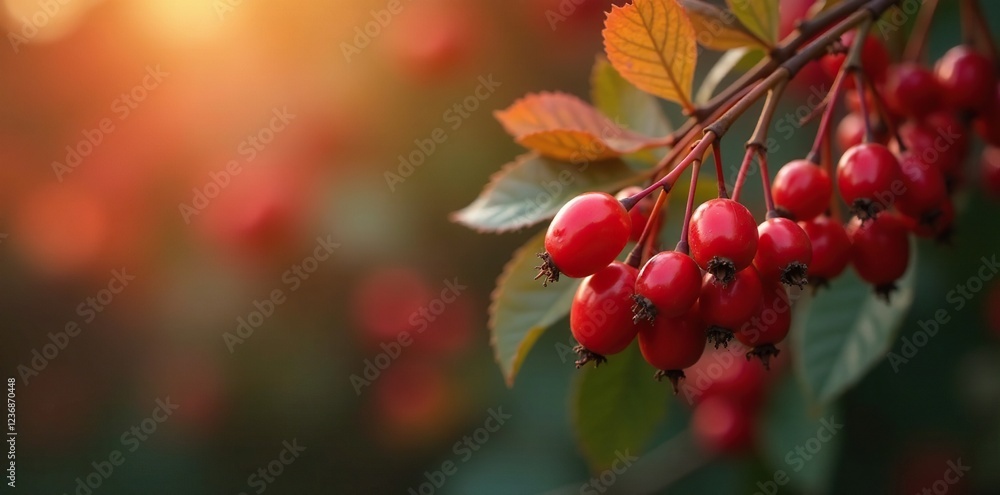 Fiery red berries hanging from a burning bush branch, autumn foliage, bush, wildflowers Fiery red berries hanging from a burning bush branch, autumn foliage, bush, wildflowers