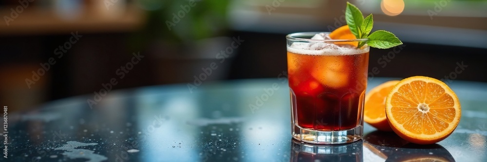 Frosted glass table with ice black orange coffee cocktail, Black Coffee, Beverage Frosted glass table with ice black orange coffee cocktail, Black Coffee, Beverage