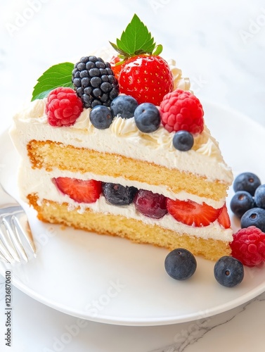 Delicious Berry Cream Cake Slice - A tempting slice of layered sponge cake, generously topped with fresh strawberries, raspberries, blueberries, and blackberries, and creamy frosting. photo