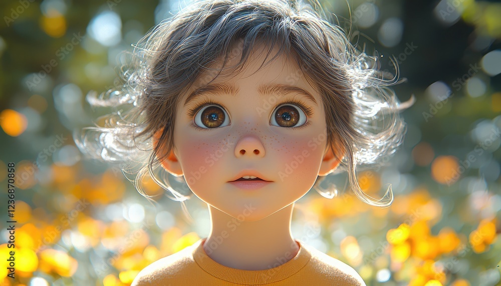 Fototapeta premium A Young Girl With Freckles Gazes Wonderfully