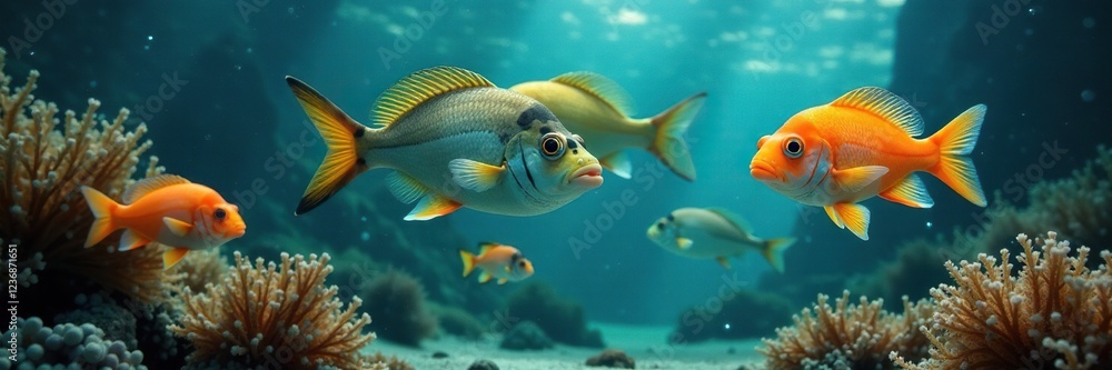 Naklejka premium Einige Augen in einem Auge mit einem kleinen Meerwasser-Fisch, meewasserfische, unterwasser