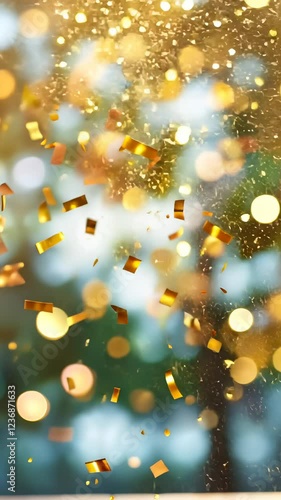 Wallpaper Mural Golden confetti shimmering falling against a vibrant light blue background with a soft bokeh effect, creating a festive and celebratory atmosphere.  video vertical Torontodigital.ca