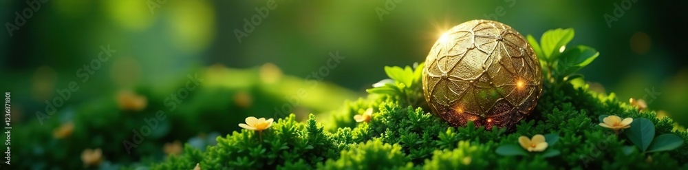 Fototapeta premium Ornate gold sphere nestled among lush greenery, sparkle, luxury