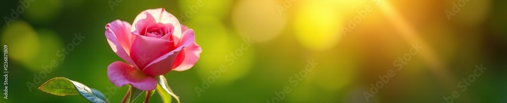 Pink rose with green leafy background and sunbeams, sunlight, flower, garden blooms Pink rose with green leafy background and sunbeams, sunlight, flower, garden blooms