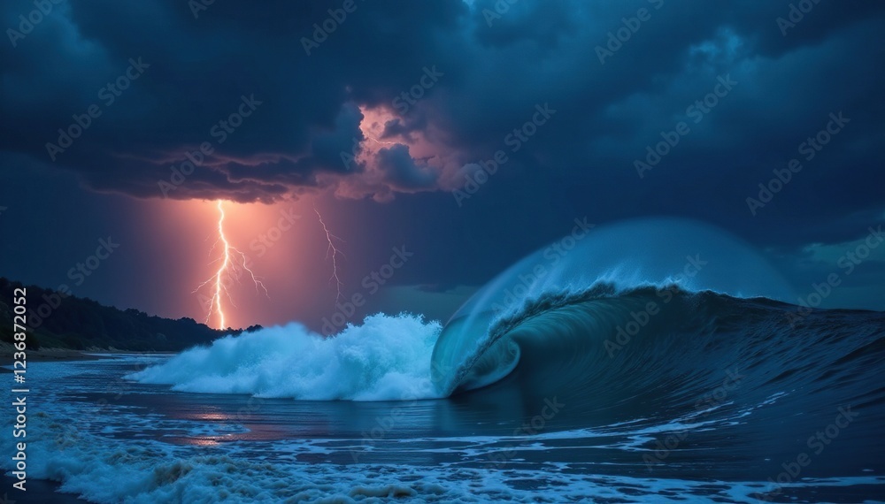 Naklejka premium Darkening sky with stormy clouds and lightning illuminates the oncoming wave, severe weather, stormy weather, cloud formations