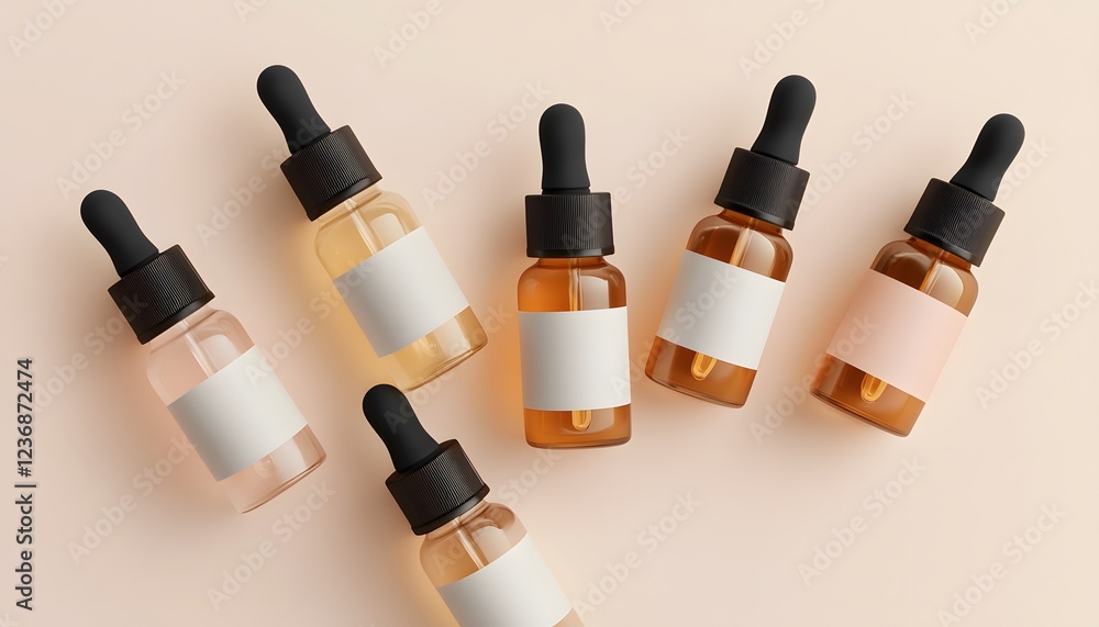 Obraz premium Several amber and clear glass dropper bottles with blank labels