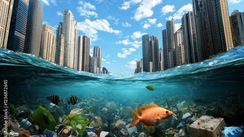 Underwater Cityscape with Garbage and Fish Surrounded by Pollution
