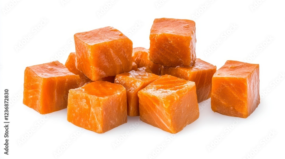 Fresh Orange Salmon Cubes on White Background for Culinary Use Fresh Orange Salmon Cubes on White Background for Culinary Use