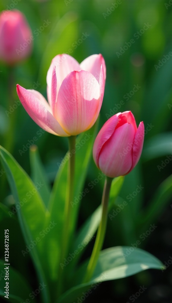 Soft petals unfolding amidst lush green foliage, spring, blooming, garden Soft petals unfolding amidst lush green foliage, spring, blooming, garden