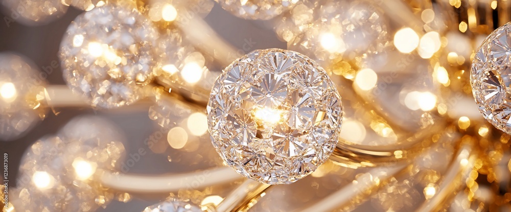 Close-up of a sparkling crystal chandelier with warm light. Close-up of a sparkling crystal chandelier with warm light.